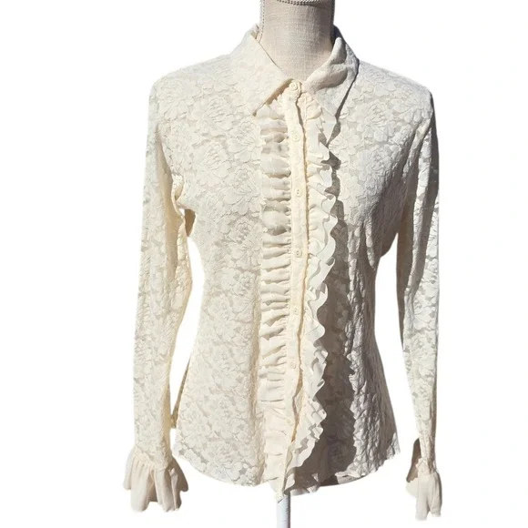 Kate Landry Vintage Lace Ruffle Button Up Shirt Blouse Cream Long Sleeve Women's - Picture 2 of 4